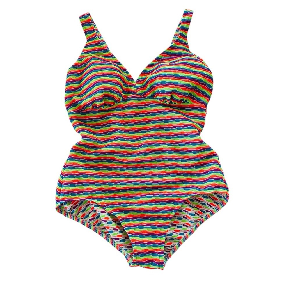 Vintage 90s One Piece Swimsuit Fluorescent Neon Size L/XL Stripes Textured